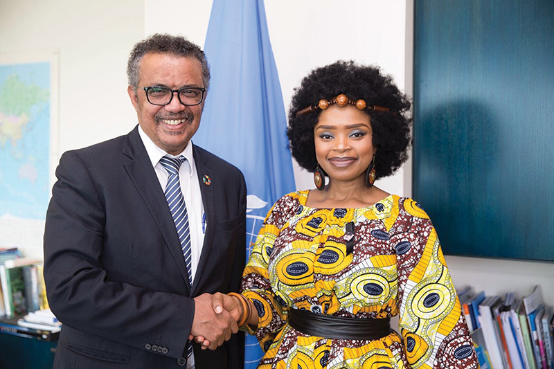 Zoleka Mandela with WHO Director-General Dr Tedros Adhanom Ghebreyesus, 2018.